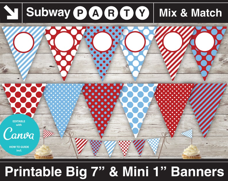 May include: Printable party banner set with red, white, and blue triangle flags. The flags have different patterns, including polka dots, stripes, and solid colors. The banner is editable with Canva and includes a how-to guide. The banner is available in two sizes: 7 inches and 1 inch.