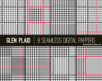 Papel digital sin costuras Glen Plaid. Estampados de pata de gallo en negro, gris y rojo, con cuadros Urquhart o Prince of Whales. Fondo JPG CANVA de 30 x 30 cm.