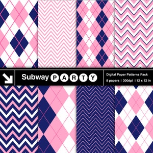 Pu&ograve; includere: Un set di otto motivi di carta digitale in rosa, bianco e blu navy. I motivi includono argyle, chevron e strisce. Il testo "Subway PARTY" &egrave; incluso nell'immagine. Il testo "Digital Paper Patterns Pack 8 papers | 300dpi | 12 x 12 in" &egrave; anche incluso nell'immagine.