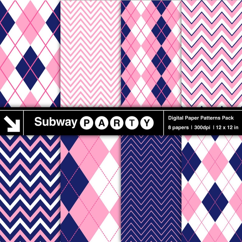 Pu&ograve; includere: Un set di otto motivi di carta digitale in rosa, bianco e blu navy. I motivi includono argyle, chevron e strisce. Il testo "Subway PARTY" &egrave; incluso nell'immagine. Il testo "Digital Paper Patterns Pack 8 papers | 300dpi | 12 x 12 in" &egrave; anche incluso nell'immagine.