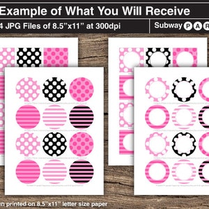 May include: Four printable digital files for a Subway party. The files include pink and black polka dot, striped, and solid pink designs. Each design has a circle in the center for adding text. The files are 8.5 inches by 11 inches and 300 dpi.
