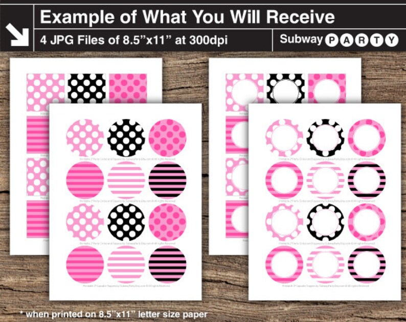 May include: Four printable digital files for a Subway party. The files include pink and black polka dot, striped, and solid pink designs. Each design has a circle in the center for adding text. The files are 8.5 inches by 11 inches and 300 dpi.