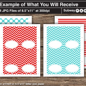 May include: Four printable 8.5 x 11 inch Subway Party favor tags. The tags feature four different patterns: red and white chevron, turquoise and white chevron, red and white stripes, and turquoise and white polka dots. Each tag has a blank oval space for writing a name.