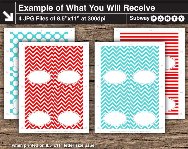 May include: Four printable 8.5 x 11 inch Subway Party favor tags. The tags feature four different patterns: red and white chevron, turquoise and white chevron, red and white stripes, and turquoise and white polka dots. Each tag has a blank oval space for writing a name.