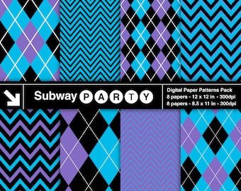 Monsters Party Digital Papers Pack in Blue, Purple & Black Chevron and Argyle. Scrapbook / Invites DIY 8.5x11 / 12x12 jpg. INSTANT DOWNLOAD