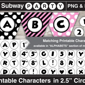 May include: Printable alphabet and number characters in black and white on a white background. The characters are in 2.5 inch circles. The characters include letters A, B, C, H, P, Y, I, R, T, D, O, G, L, N, V, X, and numbers 1, 2, 3, 4, 5, 7, 8.  The characters are available in the "ALPHABETS" section of the shop.