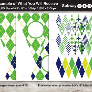May include: Printable Subway Party banner template with 13 pages of different designs. The designs feature a green, white and navy blue colour scheme with various patterns including argyle, polka dots and stripes. The banner is designed to be cut and folded along the lines indicated on the template.
