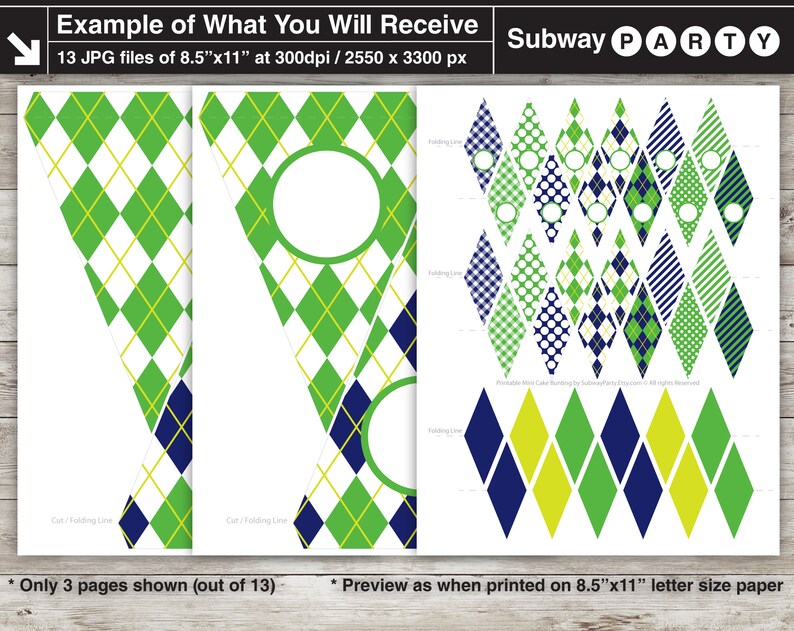 May include: Printable Subway Party banner template with 13 pages of different designs. The designs feature a green, white and navy blue colour scheme with various patterns including argyle, polka dots and stripes. The banner is designed to be cut and folded along the lines indicated on the template.