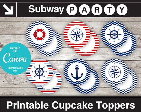 Printable Nautical 2" Party Circles & Squares / Cupcake Toppers / Blank Labels, Tags. Navy, Red. Add Your Own Text DIY jpg. INSTANT DOWNLOAD Il_570xn
