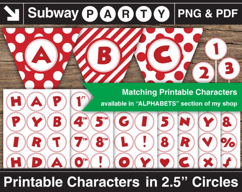 May include: Printable alphabet and number characters in red and white 2.5 inch circles. The characters are on a white background with a red polka dot pattern. The characters include letters A, B, C, H, A, P, Y, B, I, R, T, D, A, O, G, I, N, Y, L, R, V, O, Y, C, X. The numbers include 1, 2, 3, 4, 5, 7, 8.