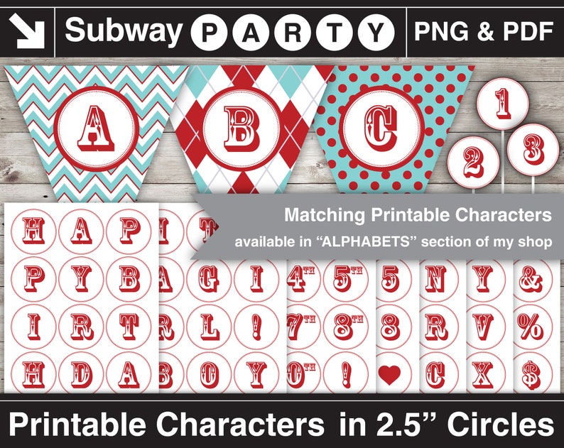 May include: Printable alphabet characters in red on white circles with a red border. The characters are 2.5 inches in diameter. The characters include letters, numbers, and symbols. The image also includes a banner with the letters A, B, and C in red on a blue and white chevron pattern.