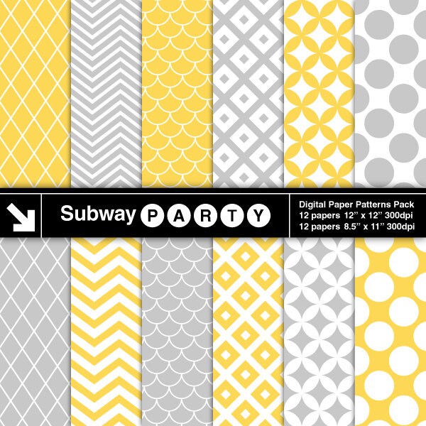 Gray and Yellow Retro Mod Digital Papers in Diamond Lattice, Trellis, Chevron. Scrapbook / Invite DIY 8.5x11 12x12 jpg INSTANT DOWNLOAD