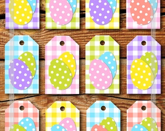 Printable Easter Gift Tags. Pastel Color Gingham and Easter Eggs in Cute Polka Dots. Jpg INSTANT DOWNLOAD