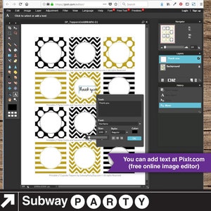 May include: Printable cupcake toppers with black and gold polka dot, chevron, and striped patterns. The toppers are designed for a Subway party and include the text "Thank you".