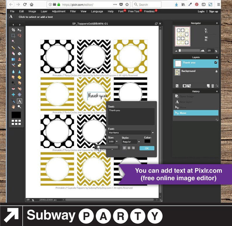 May include: Printable cupcake toppers with black and gold polka dot, chevron, and striped patterns. The toppers are designed for a Subway party and include the text "Thank you".