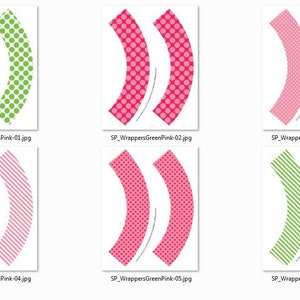 May include: Six printable cupcake wrapper designs in green and pink. The designs include polka dots, stripes, and a combination of both.