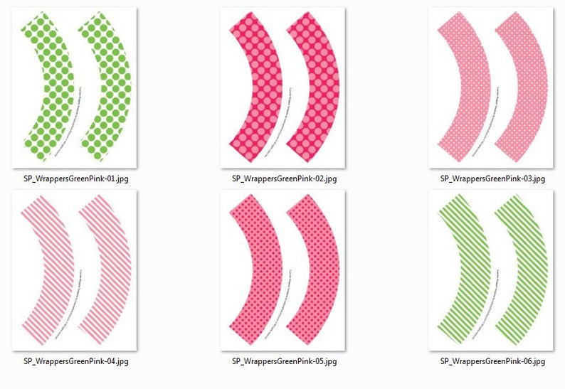 May include: Six printable cupcake wrapper designs in green and pink. The designs include polka dots, stripes, and a combination of both.