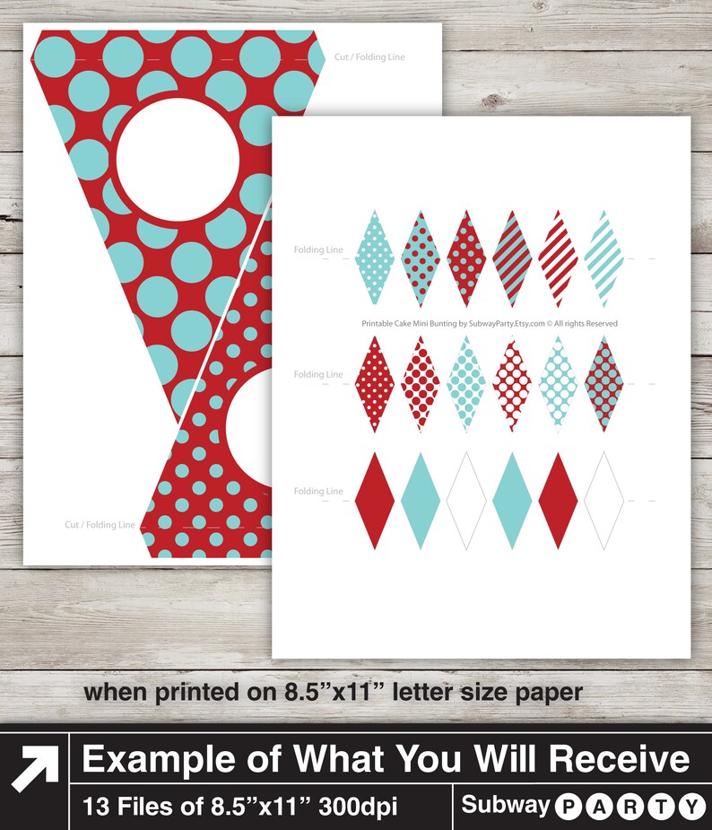 May include: Printable cake bunting with 13 different designs. The bunting is made up of red and blue diamond shapes with polka dots, stripes, and solid colors. The bunting is designed to be cut out and assembled. The text "Printable Cake Mini Bunting by SubwayParty Etsy.com &copy; All rights Reserved" is included on the page.