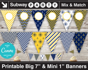 Printable Navy Yellow Nautical Party Banner and Mini Cake Bunting. DIY Editable Banner Blank Text. Photo Prop. INSTANT DOWNLOAD.