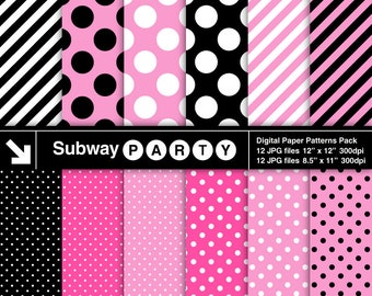 Minnie Party Digital Papers. Pink, Black and White Polka Dots & Candy Stripes. Scrapbook / Canva Background 8.5 x 11, 12 x 12 jpg DOWNLOAD