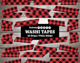 Lumberjack Digital Washi Tapes. Red Black Buffalo Check Plaid Stickers. 36 PNG Semitransparent Strips. Canva Elements. Scrapbook Clipart.