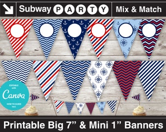 Nautical Party Printable Banner and Mini Cake Bunting. Red White Blue and Navy Anchors. DIY Editable Banner Blank Text. INSTANT DOWNLOAD.