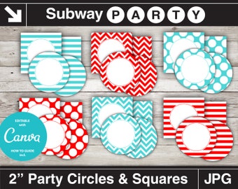 Teal Red Party Printable Cupcake Toppers, Favor Tags, Food Buffet Labels, Circles & Squares. DIY Blank Editable File 8.5x11 JPG Download