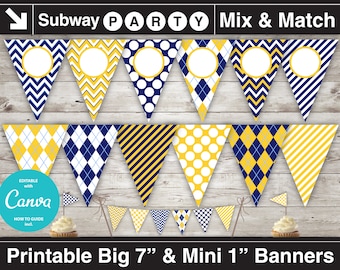 Navy Blue and Yellow Printable Banner & Mini Cake Bunting. Argyle, Chevron, Dots, Stripes. DIY Blank Text Editable Banner INSTANT DOWNLOAD