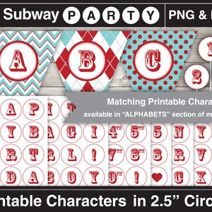 May include: Printable alphabet characters in red on white circles with a red border. The characters are 2.5 inches in diameter. The characters include letters, numbers, and symbols. The image also includes a banner with the letters A, B, and C in red on a blue and white chevron pattern.