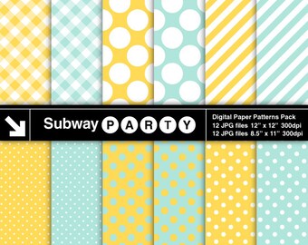 Yellow Mint Gingham, Polka Dots  and Candy Stripes Digital Papers Pack. Scrapbook / Invites DIY 8.5x11, 12x12 jpg. INSTANT DOWNLOAD