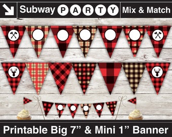 Printable Lumberjack Party Banner and Mini Cake Bunting in Tan Red Black Buffalo Check Plaid, Antlers, Axes. Editable with CANVA or PIXLR.