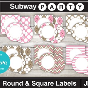 May include: Set of 2 inch round and square labels with editable templates. The labels feature various patterns in pink, brown, and white, including polka dots, argyle, chevron, and stripes. The labels are designed for use with Canva.
