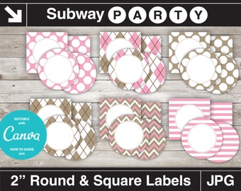 Printable Pink Sock Monkey 2" Party Circles and Squares / Cupcake Toppers / Blank Labels, Tags. Add Your Own Text DIY jpg. INSTANT DOWNLOAD