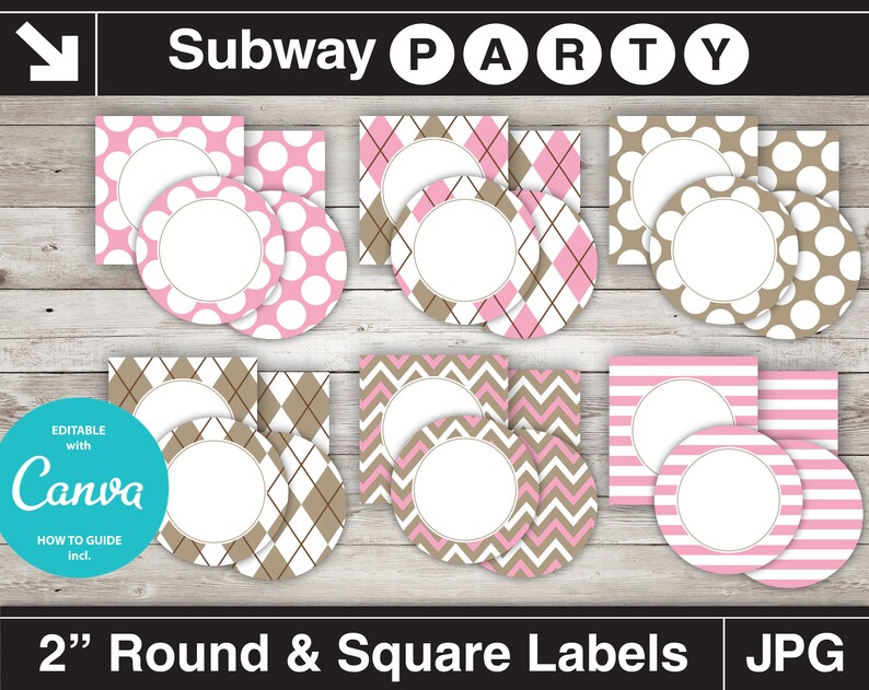 May include: Set of 2 inch round and square labels with editable templates. The labels feature various patterns in pink, brown, and white, including polka dots, argyle, chevron, and stripes. The labels are designed for use with Canva.