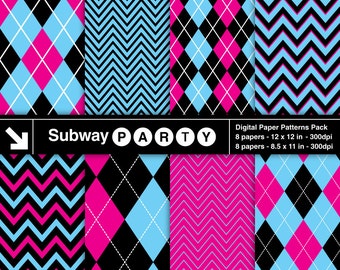 Monster Dolls Party Digital Papers. Blue, Hot Pink & Black Chevron and Argyle. Scrapbook / Invites DIY 8.5x11, 12x12 jpg. INSTANT DOWNLOAD