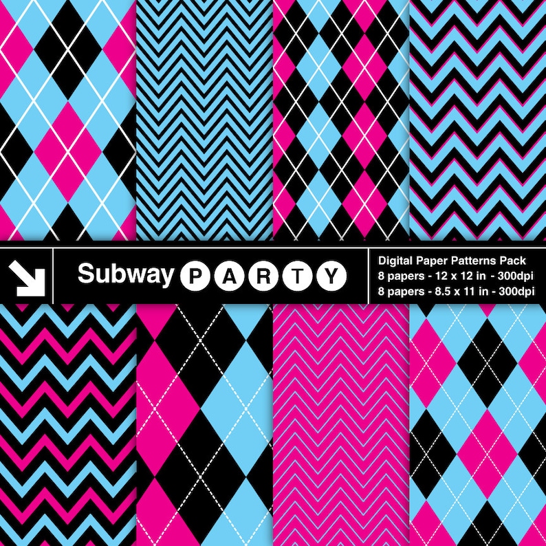 May include: A digital paper pack with eight different patterns in black, pink, and blue. The patterns include argyle, chevron, and stripes. The text "Subway PARTY" is at the top of the image.