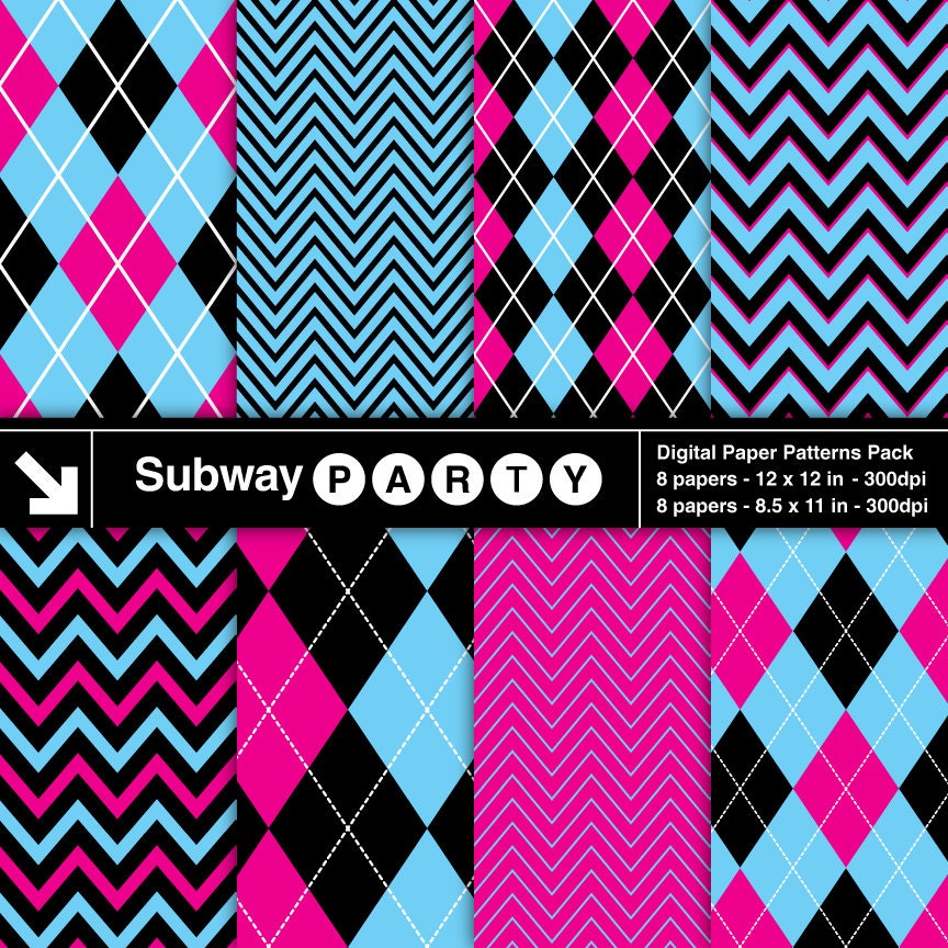 Monster Dolls Party Digital Papers. Blue, Hot Pink & Black Chevron and Argyle. Scrapbook / Invites DIY 8.5x11, 12x12 jpg. INSTANT DOWNLOAD