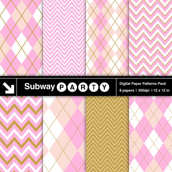 Orchid Pink, Peach and Gold Chevron and Argyle Digital Papers. Party Papers / Scrapbook / Invites / Card DIY 12"x12" jpg. INSTANT DOWNLOAD