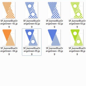 May include: A set of seven digital images featuring various geometric patterns in orange, blue, green, and white. The patterns include polka dots, stripes, and zigzags. The images are labelled with the file names "SP_bannerBlueOr angeGreen-01.jp" through "SP_bannerBlueOr angeGreen-07.jp".