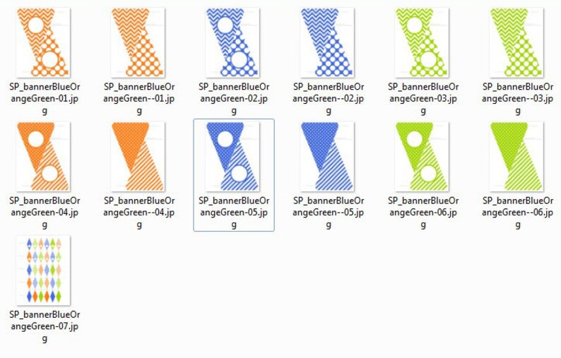 May include: A set of seven digital images featuring various geometric patterns in orange, blue, green, and white. The patterns include polka dots, stripes, and zigzags. The images are labelled with the file names "SP_bannerBlueOr angeGreen-01.jp" through "SP_bannerBlueOr angeGreen-07.jp".