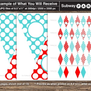 May include: Printable Subway Party banner with 13 pages of flags. The flags feature a red and white polka dot pattern, a blue and white polka dot pattern, a red and white striped pattern, and a blue and white striped pattern. The flags are designed to be cut out and strung together to create a banner.