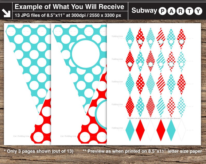 May include: Printable Subway Party banner with 13 pages of flags. The flags feature a red and white polka dot pattern, a blue and white polka dot pattern, a red and white striped pattern, and a blue and white striped pattern. The flags are designed to be cut out and strung together to create a banner.