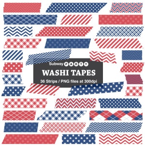 Patriotic 4th of July Digital Washi Tape Strips CANVA Elements. Clipart, Photo Frame Borders, Scrapbook Embellishment, 36 PNGs Isolated.