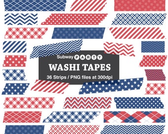 Tiras de cinta washi digitales patrióticas para el 4 de julio en CANVA Elements. Imágenes prediseñadas, bordes para marcos de fotos, adornos para álbumes de recortes, 36 imágenes PNG aisladas.
