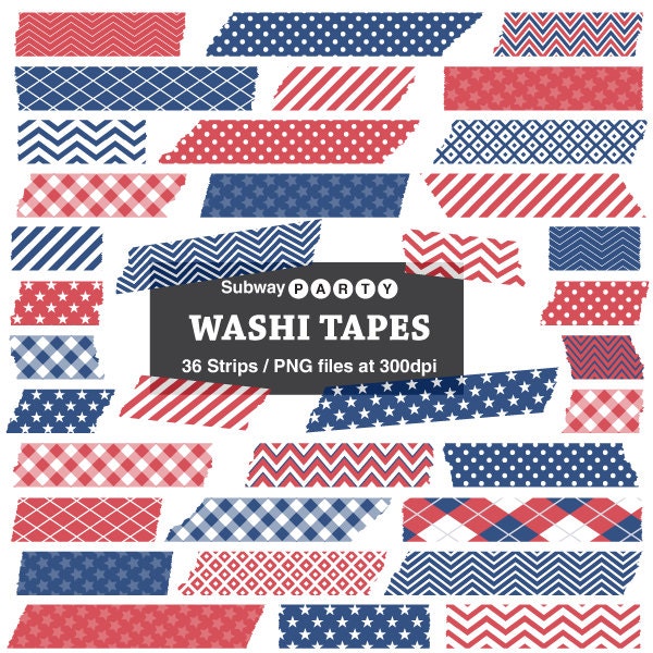 Patriotic 4th of July Digital Washi Tape Strips CANVA Elements. Clipart, Photo Frame Borders, Scrapbook Embellishment, 36 PNGs Isolated.