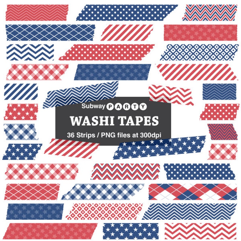 May include: A set of 36 digital washi tape strips in red, white, and blue with various patterns, including stars, stripes, polka dots, and chevron. The text "Subway Party Washi Tapes" and "36 Strips / PNG files at 300dpi" is included.