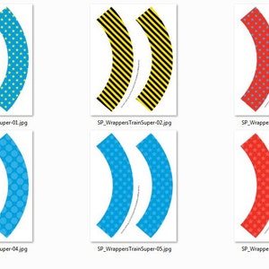 May include: Six printable cupcake wrapper designs featuring different patterns. The designs include blue with yellow stars, black and yellow stripes, red with blue stars, blue with white polka dots, blue with white stars, and red with white stars.