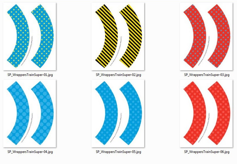 May include: Six printable cupcake wrapper designs featuring different patterns. The designs include blue with yellow stars, black and yellow stripes, red with blue stars, blue with white polka dots, blue with white stars, and red with white stars.