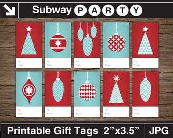 Printable Christmas Gift Tags 2-in-1. Aqua Red Christmas Trees & Retro Ornaments. DIY Xmas Stickers, Labels. Jpg 8.5x11 INSTANT DOWNLOAD.