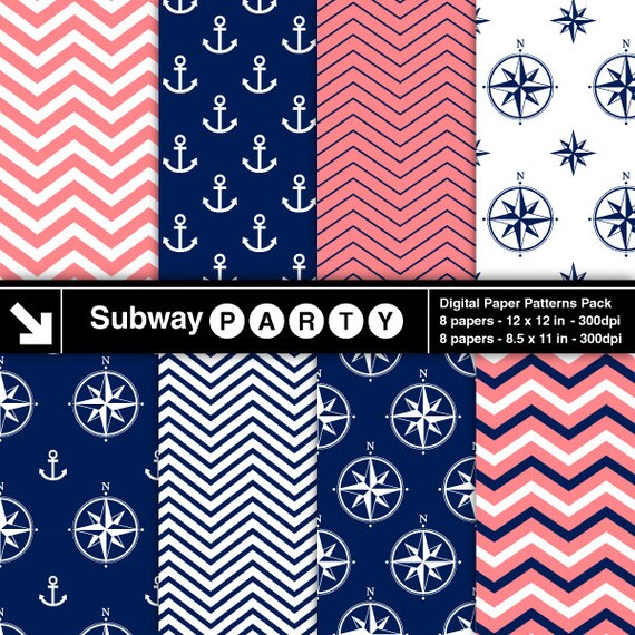 Nautical Navy and Coral Digital Papers Pack. Chevron, Anchors, Compasses. Scrapbook / Invites / Card DIY 8.5x11 12x12 jpg. INSTANT DOWNLOAD Il_570xn